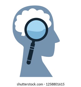 The concept of studying the brain. Magnifier is aimed at the silhouette of a man's head. Vector logo. Symbol of psychiatry or psychology or neurology.