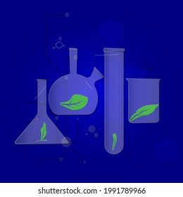 The concept of studying ecology in laboratory chemical flasks. Biotechnological scientific background. Green leaf symbol.