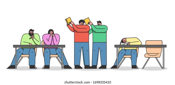 Concept Of Studying And Education. Group Of Students Are Sitting At The Desks Learning, Reading Books, Communicating And Sleeping On Lecture. Cartoon Linear Outline Flat Style. Vector Illustration