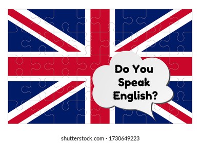 Concept of studying English. Phrase Do you speak English in front of the British flag. Speech bubble cartoon style. Stock vector illustration isolated on white background.