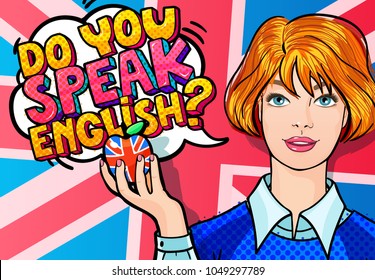 Concept of studying English or travelling. Beautiful Girl with apple. Phrase Do you speak English in Comics speech bubble. Woman in pop art style.