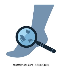 The concept of studying the fungus legs. The loupe is aimed at the silhouette of the human foot. Vector logo. The symbol of a dermatologist.