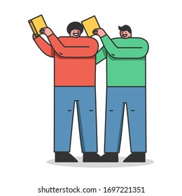 Concept Of Studying And Higher Education, Gaining Knowledge. Male Character Students Getting Distracted Of Reading Study Material In The University. Cartoon Linear Outline Style. Vector Illustration