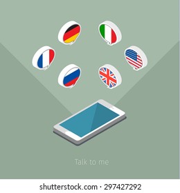 Concept of studying languages or travel. Speech bubble with flags. Flat design, vector illustration