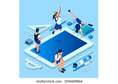 Concept of studying in network and looking for education or diploma. Learning in class with work books, students on the desk with book and laptop, home study concept. Flat Vector Illustration