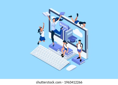 Concept of studying in network and looking for education or diploma. Learning in class with work books, students on the desk with book and laptop, home study concept. Flat Vector Illustration