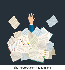 Concept of studying. Student buried under a pile of books, textbooks and papers. Flat design, vector illustration.