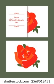 Concept of St.Valentine`s greeting booklet with the red rose. Vector design.