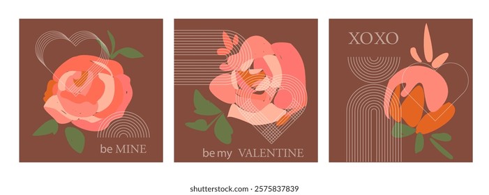 Concept of St.Valentine`s greeting cards with red roses and abstract line elements. Vector design.