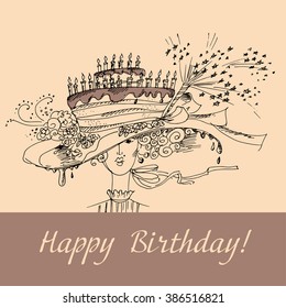 concept style birthday card. lady with cake hat in sketch style vector illustration. hand drawn elegant line illustration
