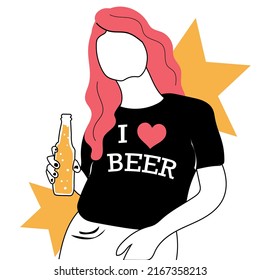 concept of a stylish girl drinking beer, illustration of a woman with red hair holding a bottle of beer.