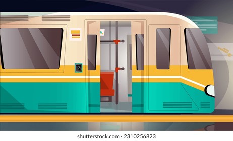 Concept Subway car. A flat, cartoon-style design of a subway car, with a simple background, in a 2D style. Vector illustration.