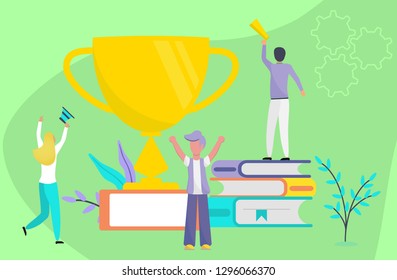 Concept of succes team, small people celebrate success achievment or success business, it can be use for landing page, template, ui, web, mobile app, poster, banner, flyer, social pages.