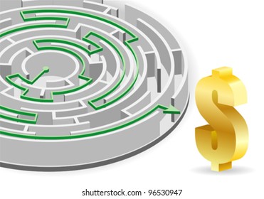 Concept - Success in Business. Circular Labyrinth with the solution and Dollar Sign, vector illustration.