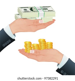 Concept Success in Business. Hands with Coins and Dollar Packs, template for design, vector illustration