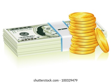 Concept Success in Business with Stack of Dollar and Gold Coins, isolated on white background, vector illustration