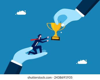 Concept of success. Businessman on big hand receives trophy 