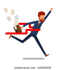 Concept of success. Businessman on a finishing line. Flat design, vector illustration.