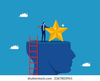 Concept of success. Businessman with star standing on big head
