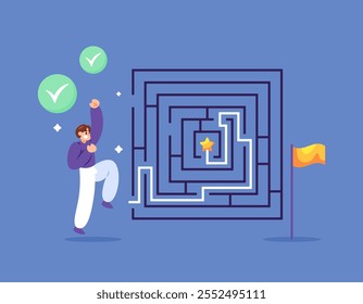 conceito de sucesso e desafio. capaz de completar e vencer. resolução de problemas e realização. ilustração de um homem feliz que completou com sucesso um jogo de labirinto. design de estilo plano. elementos