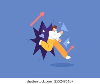 concept of success and challenges. effort and ambition to succeed. able to overcome and cross limits. illustration of a man breaking through and destroying a wall. flat style design. elements