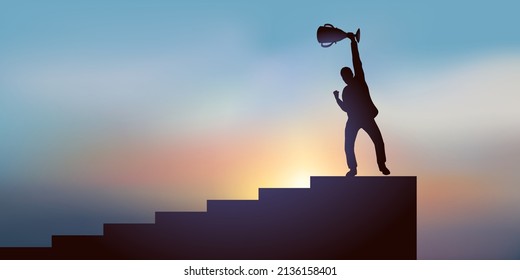 Concept of success in a competition with a man holding up a trophy at the top of a flight of stairs after winning a race.