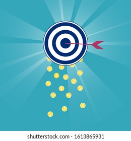 The concept of success and financial goals in work and business. The arrow hit the target from which money is streaming. Vector illustration.
