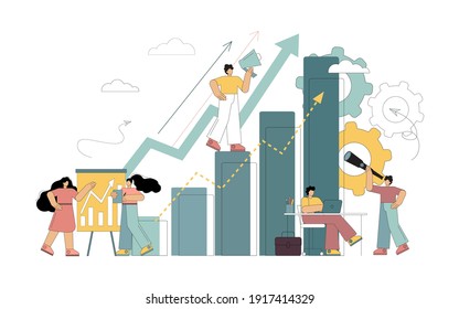 El concepto de éxito, crecimiento financiero, beneficio. La gente pequeña planea, desarrolla la empresa. Ilustración del vector sobre fondo blanco