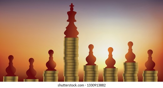 Concept of success and fortune, with the symbol of the chess game showing the king posed on a column of stacked coins, higher than those of the pawns.
