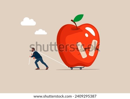 The concept of success and good idea. Move on or forget. Businessman walking with bandage repaired Fruit apple shape. Modern vector illustration in flat style. 