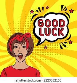 Concept of Success. Good Luck message in pop art. Good Luck in comic pop art style. Modern Web Banner Element. Vector Illustration.