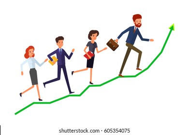 Concept of success. A group of office workers are running on graph growth up. Flat design, vector illustration. 