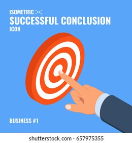 Concept of success with hand pointing at target successful conclusion isometric flat vector illustration