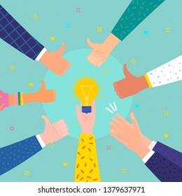 Concept of success and idea. Hand with symbol of idea, light bulb, surrounded by hands with thumbs up. Flat design, vector illustration.