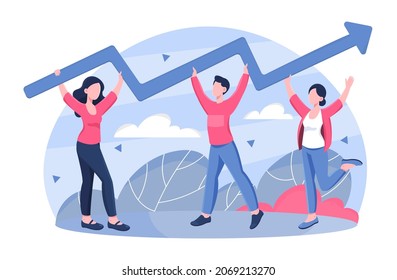 Concept of success improvement. Employees holding big arrow together. Metaphor of personnel that drives growth of companys income. People plotting, graph, statistic. Cartoon flat vector illustration