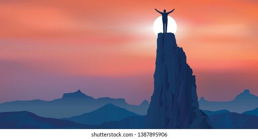 Concept of success, with a lone man on top of a mountain who spreads his arms in sign of victory, after reaching his goal.