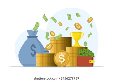 concept of Success and Making Big Profits. success with soaring money. profit. Big income, salary. make a lot of money. Stack of dollar coins. Winner with prize. Vector illustration.