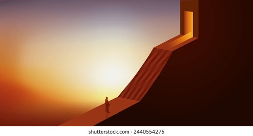 Concept of success with a man in front of a staircase that will allow him to climb the hierarchy and obtain leadership.