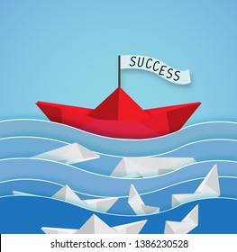 Concept of success management symbol with red origami boat floating in the sea but white origami boat sinking,vector illustration paper art style.