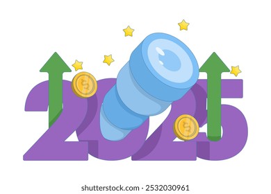 Concepto de oportunidades de éxito en 2025. ver, visión y futuro. oportunidades de negocio. ilustración de telescopio con número 2025. año 2025 con nuevo objetivo de negocio. Ilustración vectorial plana.