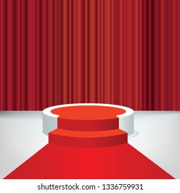 Concept of success with a podium and red carpet in front of a stage curtain to present a media event and distribute trophies to celebrities.