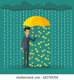 Concept of success. Protection and saving money. Businessman holding an umbrella and standing under money rain. Flat design, vector illustration.