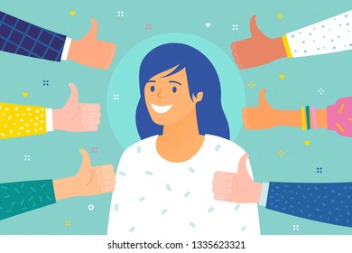 Concept of success and public approval. Cheerful young woman surrounded by hands with thumbs up. Flat design, vector illustration.