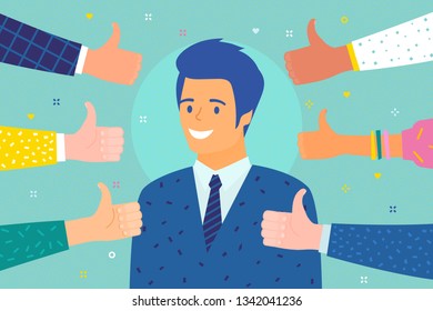 Concept of success and public approval. Cheerful business man surrounded by hands with thumbs up. Flat design, vector illustration.