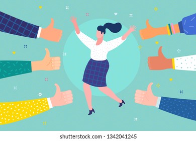 Concept of success and public approval. Cheerful young woman surrounded by hands with thumbs up. Flat design, vector illustration.