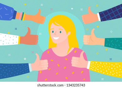 Concept of success and public approval. Cheerful young woman surrounded by hands with thumbs up. Flat design, vector illustration.