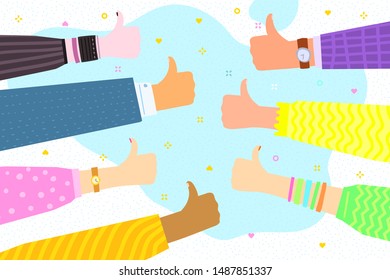 Concept of success and public approval. Hands of several people with thumbs up hand sign. Flat design, vector illustration.
