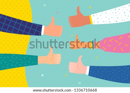 Concept of success and public approval. Hands with thumbs up. Flat design, vector illustration.