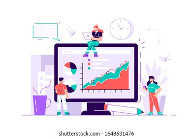 Concept of success, reach a goal, vector illustration of business, employees study infographics, analyze evolutionary scale, online training. Flat style modern design vector illustration for web page