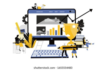 concept of success, reach a goal, vector illustration of business, employees study infographics, analyze evolutionary scale, online training. Flat style vector illustration